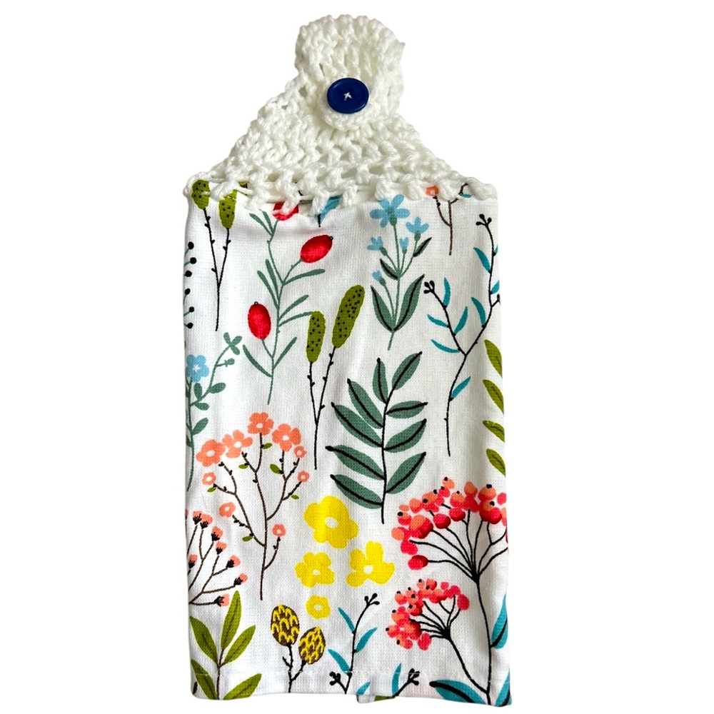HAND CRAFTED Colorful Wildflowers Crochet Top Hanging Kitchen or Bathroom Towel